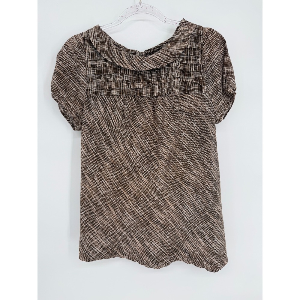 Banana Republic Brown White Silk Blend Grid Print Peter Pan Collar Blouse Sz L